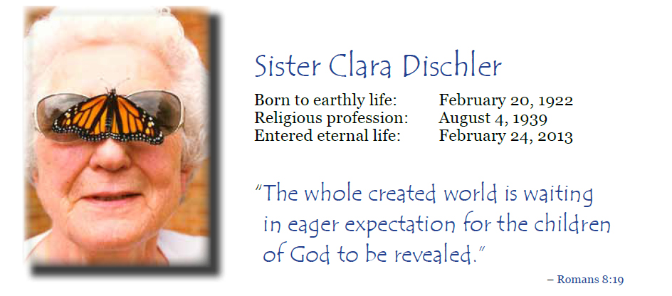 S. Clara Dischler with butterfly on nose.